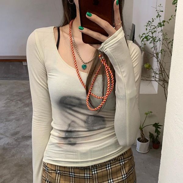 

women's t-shirt women y2k korean style mesh tie dye printed see through t shirt slim translucent sheer grunge tshirts japanese, White