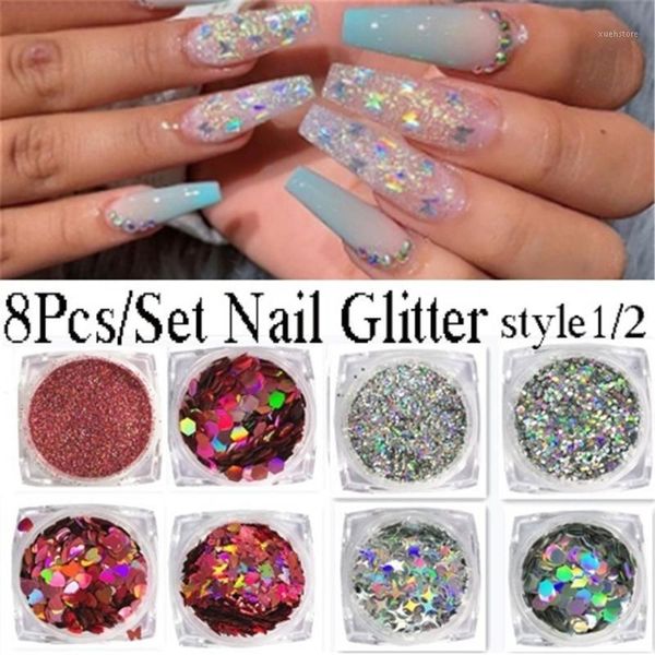 

8pcs/set mixed glitter nail art powder flakes set holographic sequins for manicure polish decorations shining tips flakes1, Silver;gold