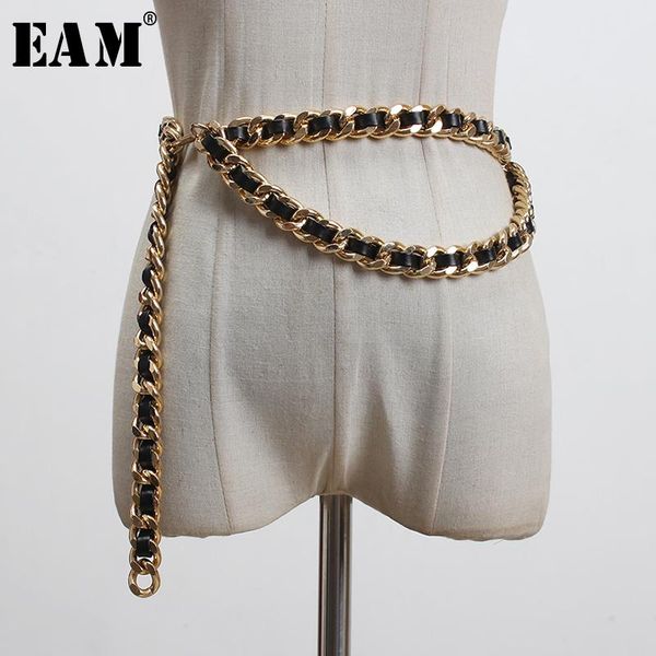 

belts [eam] pu leather black metal chain split joint long belt personality women fashion tide all-match spring 2021 1t186, Black;brown