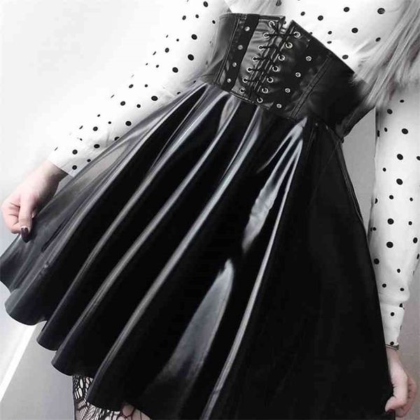 SUCHCUTE Damenröcke Gothic Harajuku Verband Kunstleder Koreanische Mode Schwarz Mini Plissee Sommer Party Pu Saias 210621