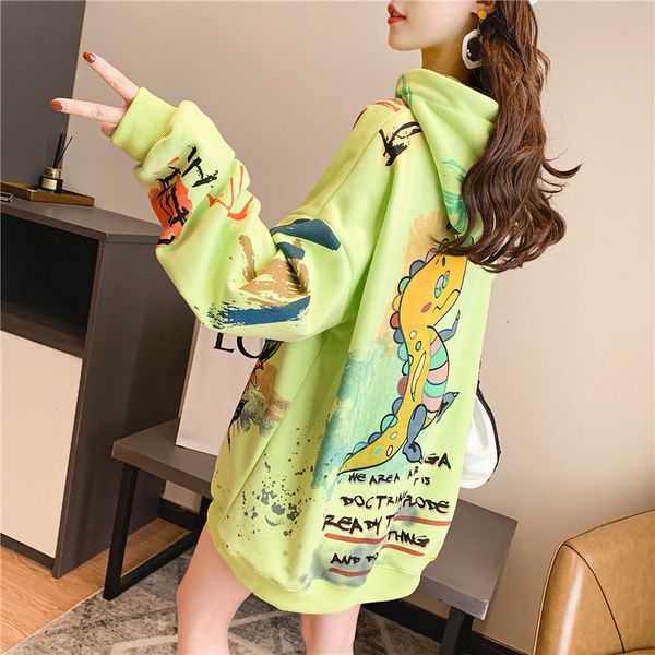 

cartoon dinosaur print sweatshirts women autumn winter plus velvet thick loose hoodies pullover harajuku casual outwear hoodies, Black