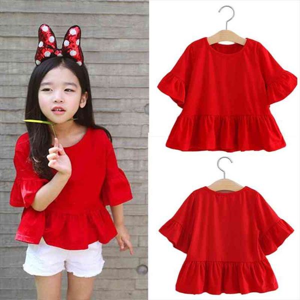 

fashion kids children clothing girls korean summer spring red trumpet sleeves shirt t, Blue
