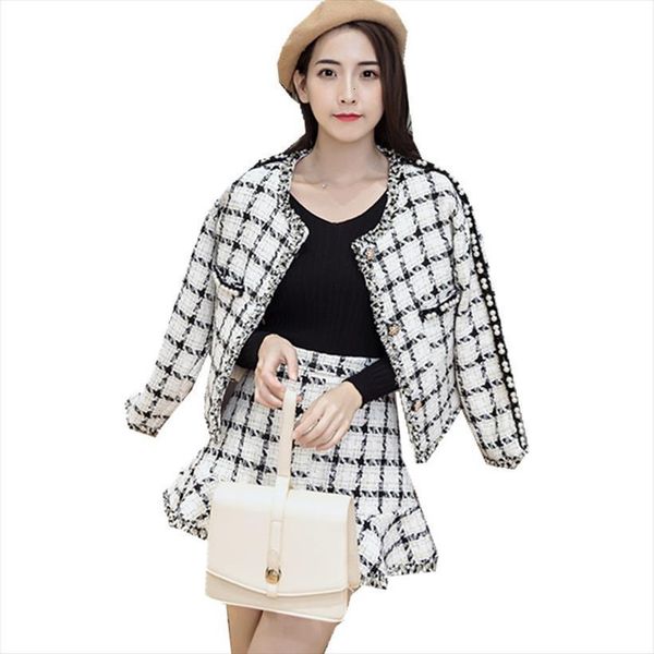 

luxury fashion pearls two piece women dress set fall winter elegant beading tweed plaid jacket coat mini pencil mermaid skirt, White