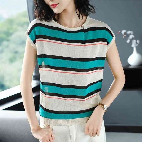 

casual stripe contrast color short sleeve thin knitted women summer loose batwing t-shirt vintage o-neck tees 210522, White