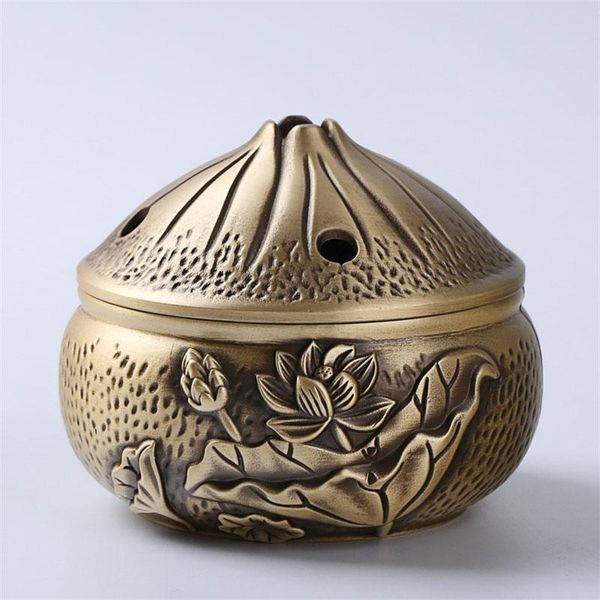 

fragrance lamps pure copper lotus carved incense burner bud hollow lid censer crafts home decoration round brass multipurpose