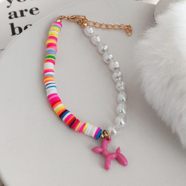 

charm bracelets fashion pink enamel balloon dog asymmetry for women colorful polymer clay beads baroque pearls bracelet hand jewelry, Golden;silver