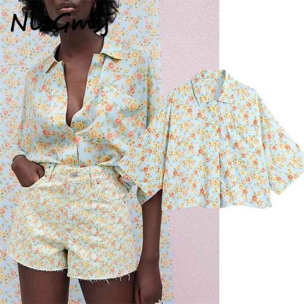 

blouse women summer floral print shirt patch asymmetric hem vintage shirts woman fashion button up loose 05 210628, White