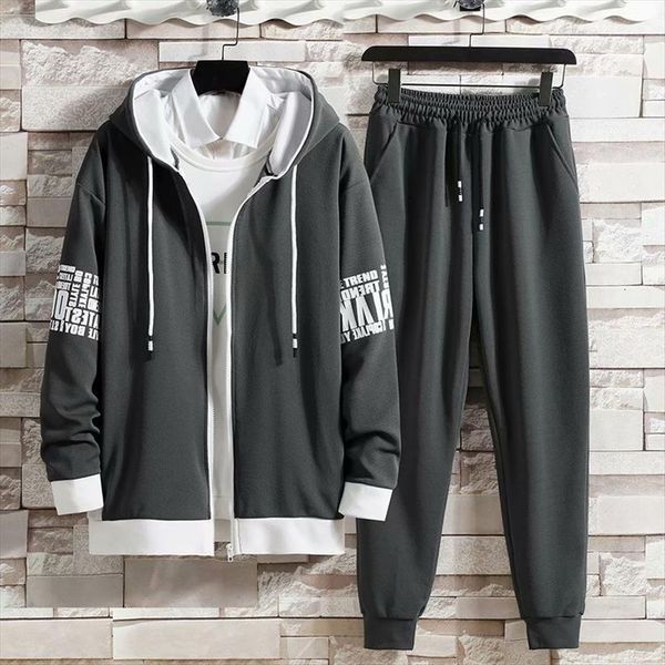 

sets casual sports suit fashion mens tracksuits long sleeved sweatshirt zipper decorated hoodies pants two piece men clothing, Gray