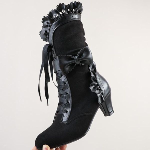 

boots brand big size 43 sweet bowknot ruffles high heels shoelace gothic lolita style mid calf lace-up black women shoes