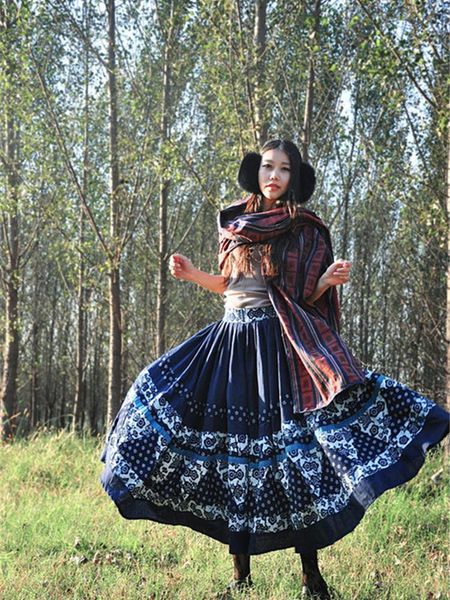 

spring autumn mx vintage ethnic floral print handmade tie-dyeing expansion all-match blue cotton a-line long skirts, Black
