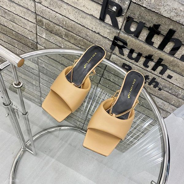 

summer chain women slipper square open toe high heel sandals ladies slip on outdoor dress slides mules shoes slippers, Black