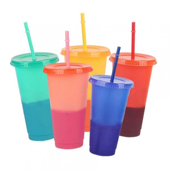 

5pack color change magic tumbler 750ml reusable pp plastic temperature sensing transparent drinking juice coffee mug cup with lid