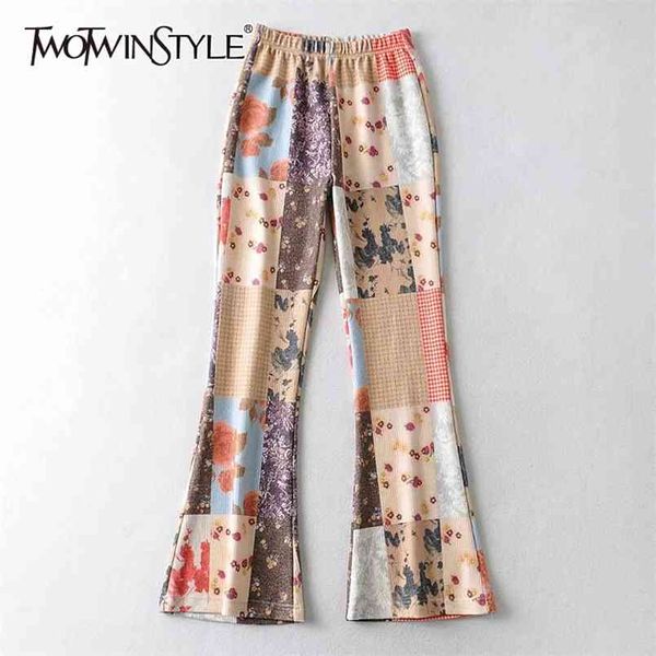 Hit Color Slim Flare Pants per le donne in vita alta stampa vintage casual pantaloni femmina moda abbigliamento moda primavera 210521