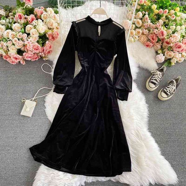 

dresses vintage stand collar black mesh party midi dress women casual see-through long sleeve high waist velvet vestidos female fashion, Black;gray