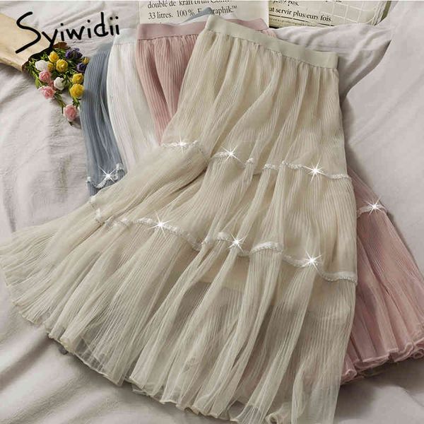

syiwidii mesh elastic high waist skirt women mid-calf casual a-line solid white black spring summer korean fashion skirts 210417