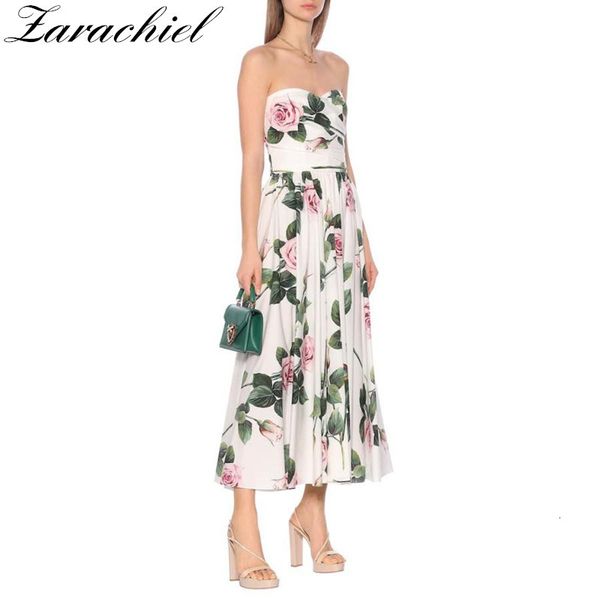 

dresses elegant rose floral party summer women's strapless flower print white beach boho female draped slim waist long, Black;gray