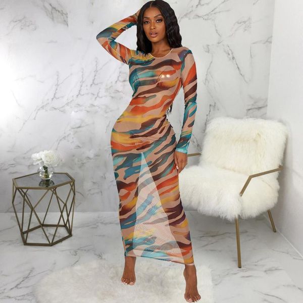 

casual dresses see through mesh transparent dress women tie dye print night party club wear gradient color long sleeve, Black;gray