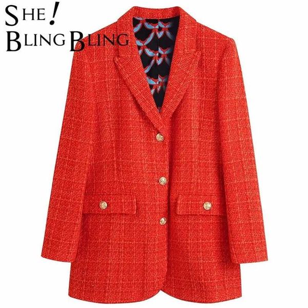 Shiblingbling ZA Kadın Rahat TRAF Mont Sonbahar Tüvit Yün Tek Göğüslü Kalın Uzun Ceket Ofis Lady Kırmızı Ekose Blazer 211019