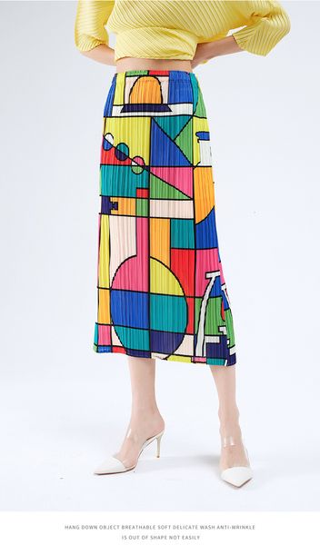 

skirt miyake fold fashion geometric abstract print straight skirt, Black