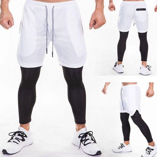 

men 2 in 1 running pants shorts training sports gym compression tights leggings est men's, White;black