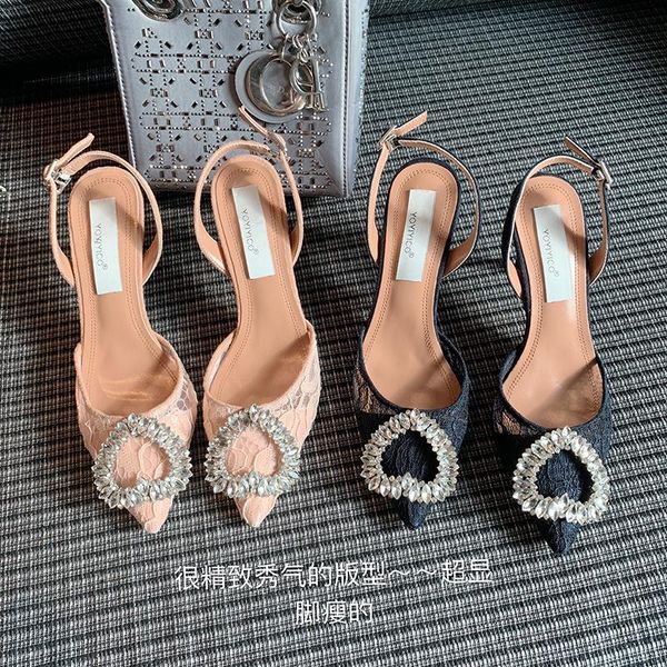 

sandals spring pointed stiletto high heels lace rhinestone love buckle single shoes baotou banquet dress breathable women's, Black