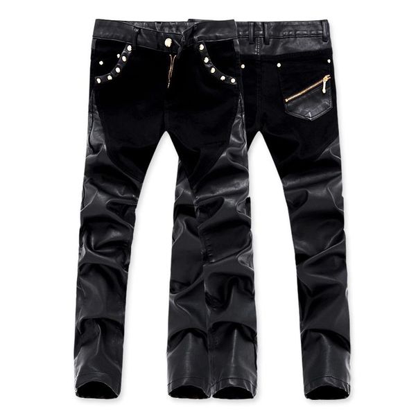 

men's pants fashion boutique leather patchwork casual skinny motorcycle slim stretch pu, Black