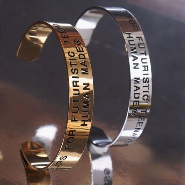 

bangle human made logo bracelet men women lettering golden cuff adjustable titanium accessories, Black