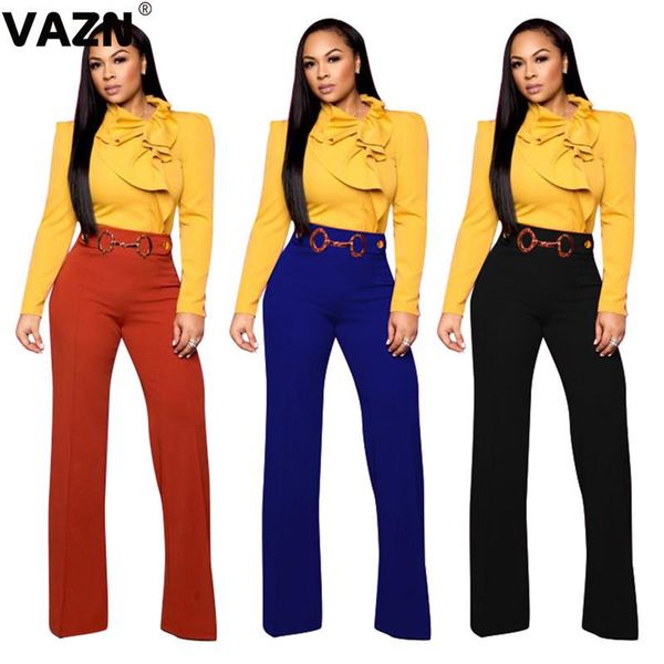 

women's pants & capris vazn office solid 2021 spring lady colors full ruffles mid waist skinny long high street chic, Black;white