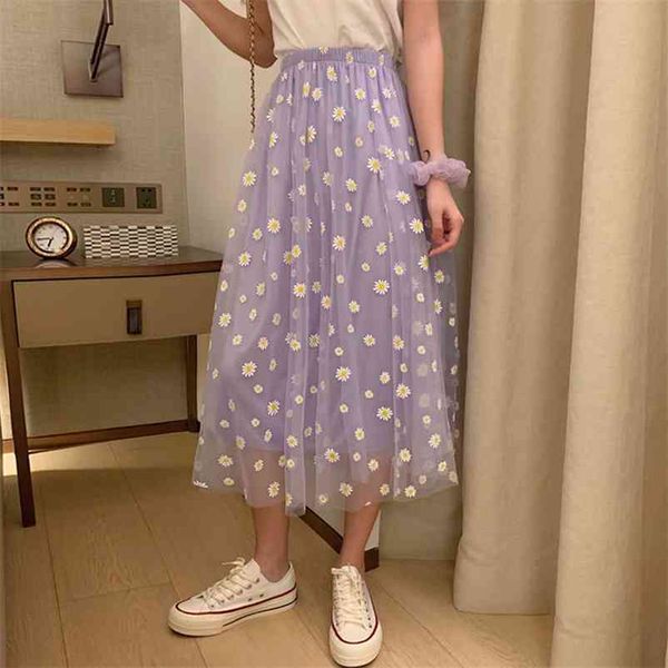 

summer daisy print purple skirt female long high-waisted a- line skirt elastic street wear 210412, Black