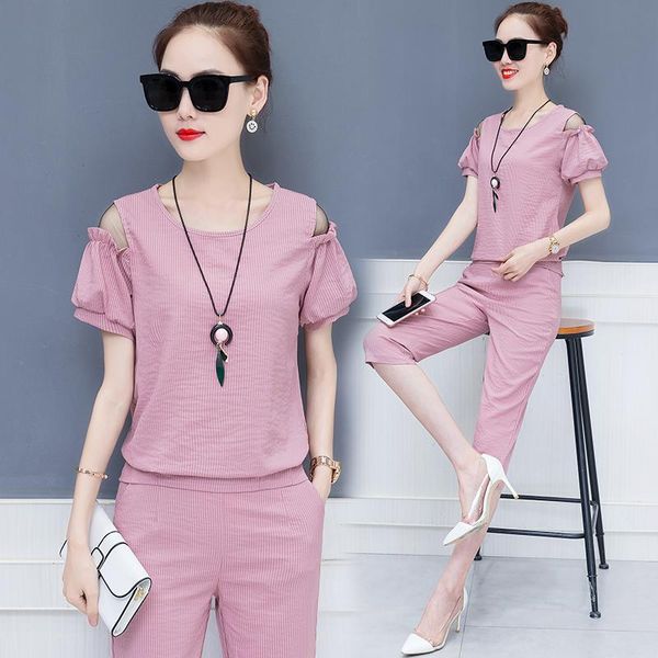 

summer fashion chiffon two-piece suit set women's temperament slim sporting 2 piece sets clothes for women tracksuit two pants, White