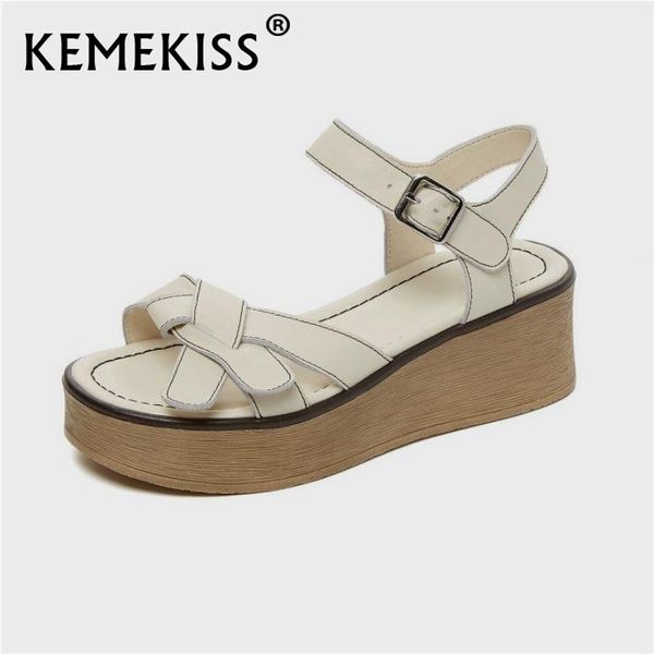 

dress shoes kemekiss 2021 real leather women sandals thick bottom platform buckle strap solid color ladies female footwear daily size 34-39, Black