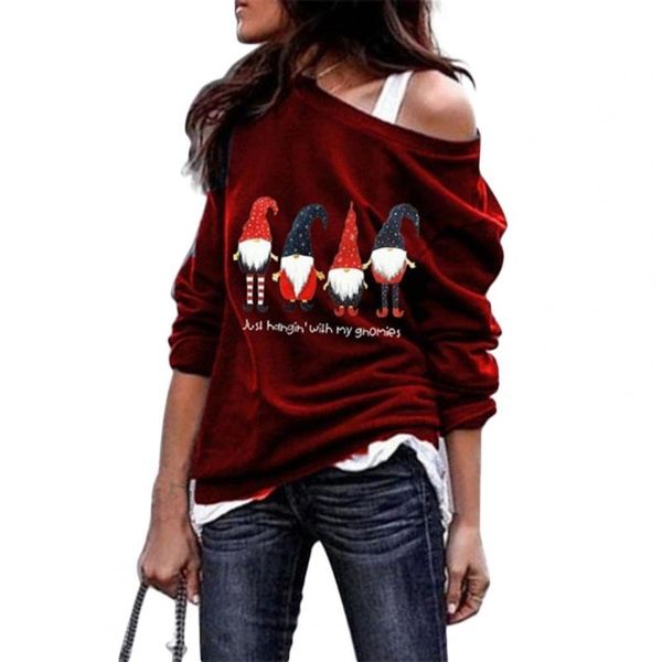 

women's hoodies & sweatshirts gnome print slash neck pullover sweatshirt autumn winter off shoulder long sleeve christmas streetwear, Black