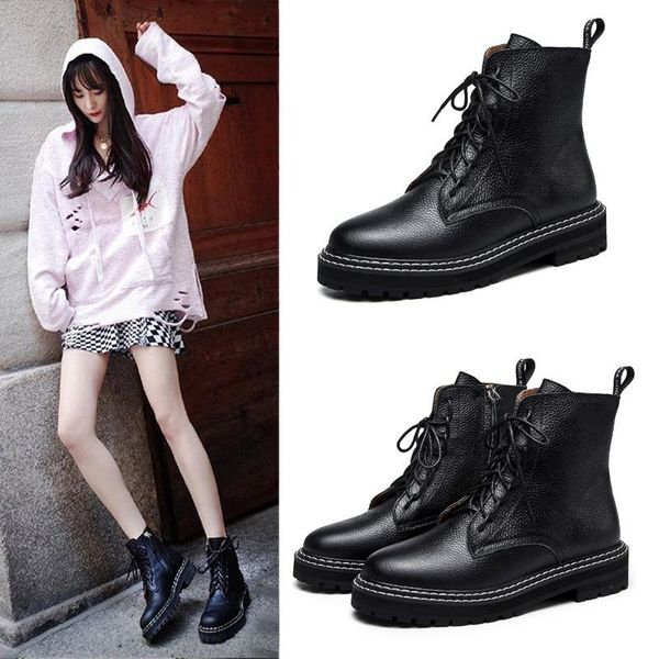 

boots head cowhide woman wind 2021 autumn bottom handsome locomotive short, Black