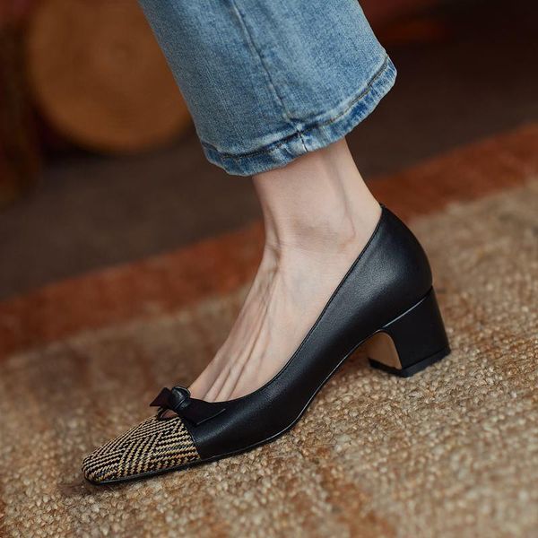 

square toe bow design soft genuine leather high heels spring fashion women shoes heel pumps dress, Black
