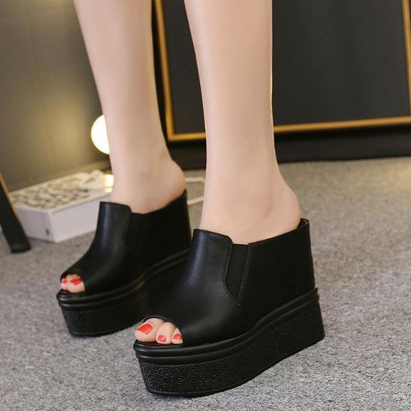 

slippers drop 2021 gothic sandals platform wedges high heels creepers women slides flip flops beach peep toe, Black