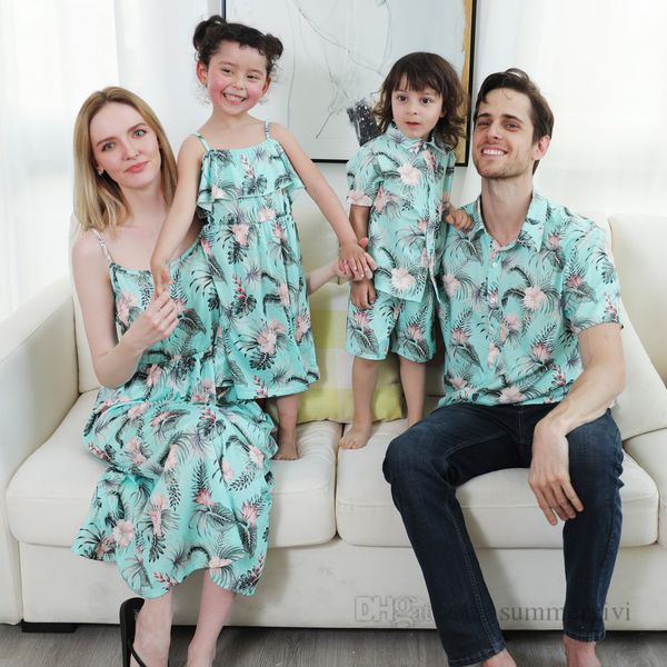 

family matching beach outfits girls falbala dew shoulder dresses women flowers printed suspender dress father shirt boys +shorts 2pcs sets b, Blue