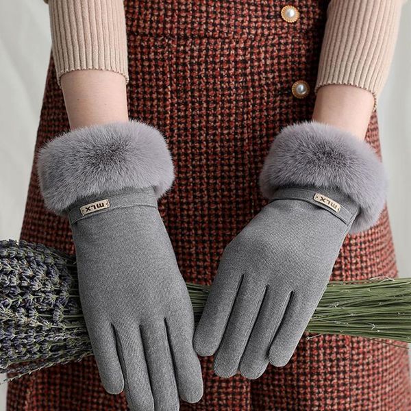 

five fingers gloves women winter thicken warm full finger furry cuff plush lined outdoor windproof driving letter elegant touch screen mitte, Blue;gray
