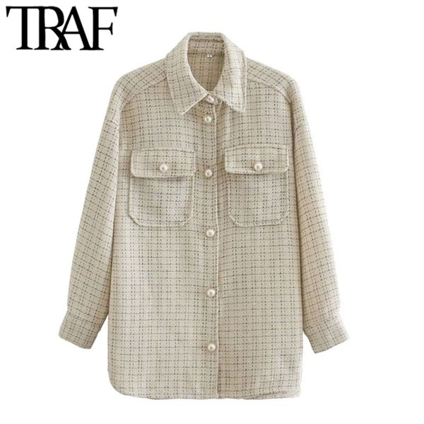 

traf women fashion oversized faux pearl buttons jacket coat vintage long sleeve pockets female outerwear chic 220114, Black;brown