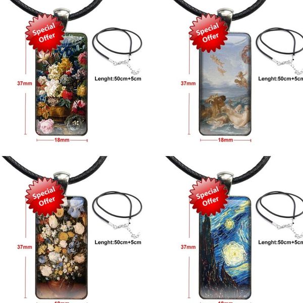 

pendant necklaces classic painting flower aesthetic design fashion vintage glass women rectangle necklace pendants for adults gift, Silver