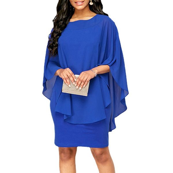 

women plus size ruffles batwing half sleeves knee-length loose asymmetrical dress office lady solid color chiffon wrap hip dress 2022, Black