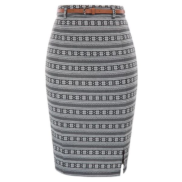 

kate kasin women's skirts grid pattern belt decorated hips-wrapped bodycon pencil skirt fashion side split ol lady casual, Black