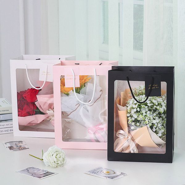 Borsa per fiori portatile con sacchetto di carta per imballaggio regalo floreale con finestra trasparente per la festa nuziale di compleanno