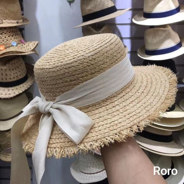 

stingy brim hats 01812-axi desige summer handmade raffia bowknot long ribbon straw lady fedoras cap women leisure holiday beach hat, Blue;gray