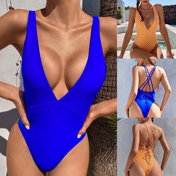 

deep v neck backless women swimwear one piece swimsuit female striped high cut bathing suit swim women's, White;black