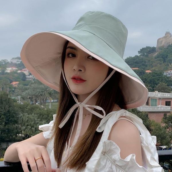 

wide brim hats double-sided fisherman hat female spring and summer korean wild big outdoor sun protection uv for women, Blue;gray