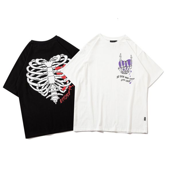 

fashion t shirt impass national washed skeleton printed short sleeve men's loose size dark high street summer, White;black