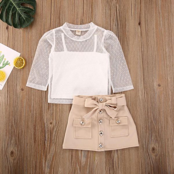 

toddler baby girl clothes 3pcs dot lace see through blouse white solid vest bow pockets skirt kids summer autumn set