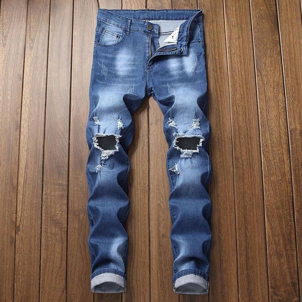 

men's jeans spring hole slim big fashion elastic pants, Blue