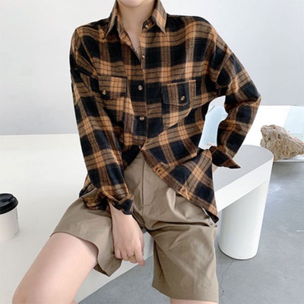 

women's blouses & shirts autumn winter korea fashion women long sleeve loose plaid shirt double pocket casual turn-down collar blo, White