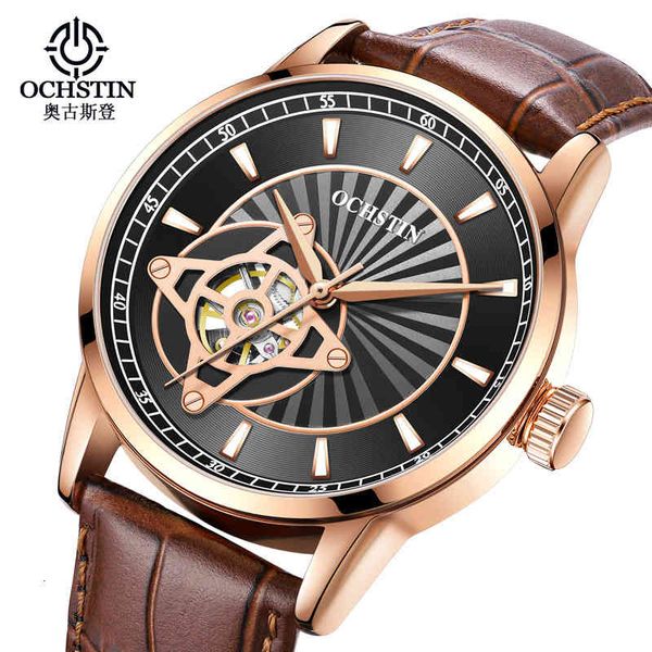 

mechanical tape ochstin bran leather clock automatic classic black sport luxury skeleton man clocks relogio masculino, Slivery;brown